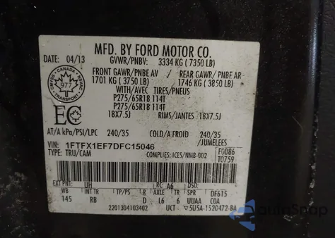 2013 Ford F-150 Fx4 from USA, damaged, VIN 1FTFX1EF7DFC15046